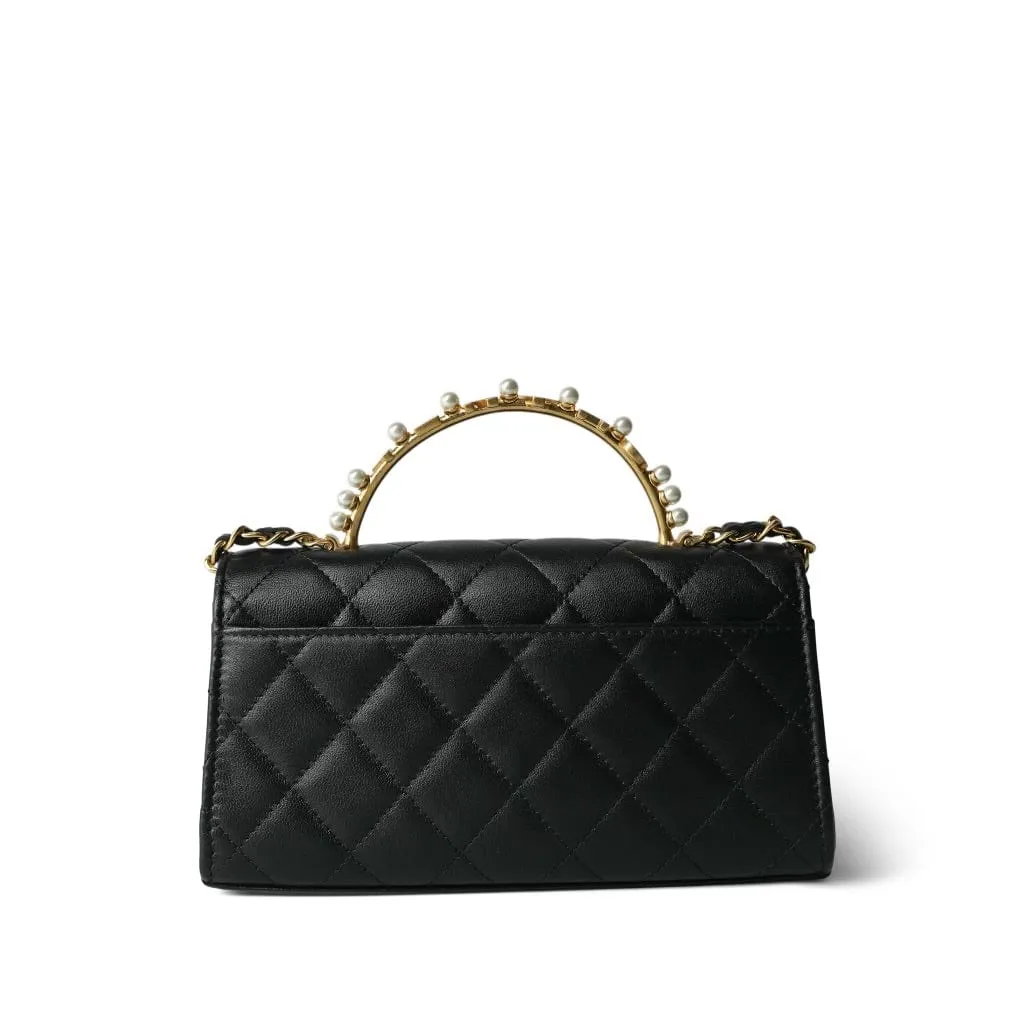 Black Lambskin Quilted Pearl Crystal Top Handle Phone Holder Aged Gold Hardware