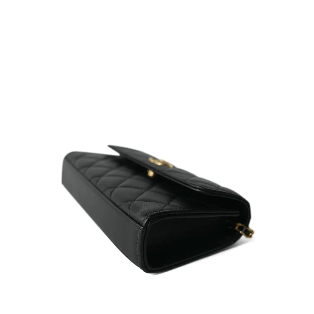 Black Lambskin Quilted Pearl Crystal Top Handle Phone Holder Aged Gold Hardware