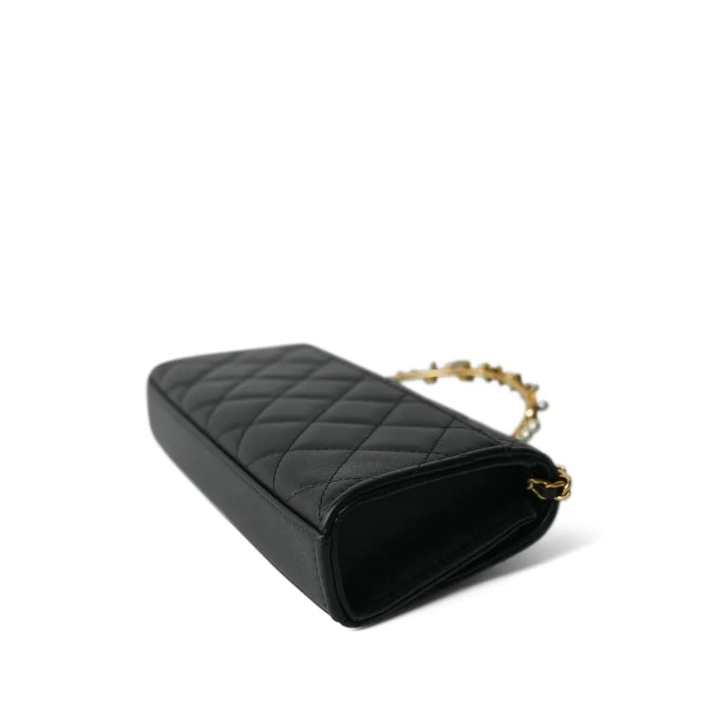 Black Lambskin Quilted Pearl Crystal Top Handle Phone Holder Aged Gold Hardware