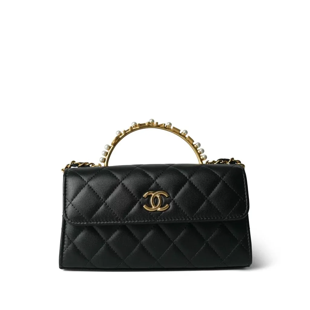 Black Lambskin Quilted Pearl Crystal Top Handle Phone Holder Aged Gold Hardware