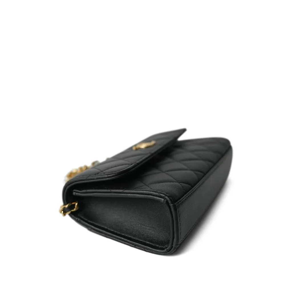 Black Lambskin Quilted Pearl Crystal Top Handle Phone Holder Aged Gold Hardware