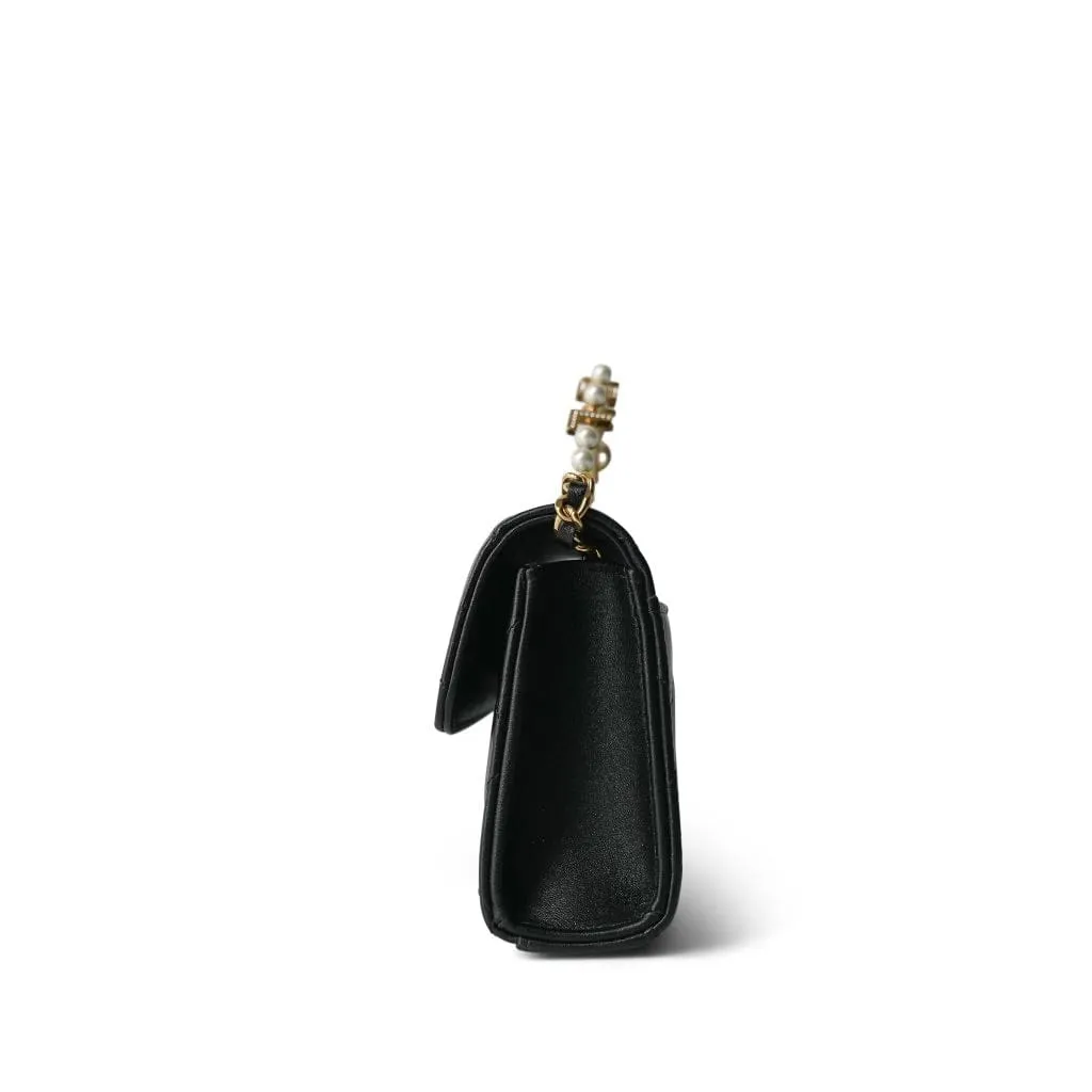 Black Lambskin Quilted Pearl Crystal Top Handle Phone Holder Aged Gold Hardware