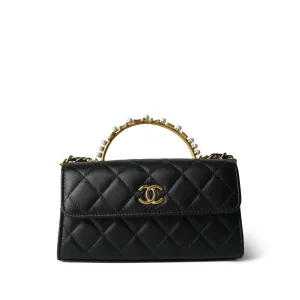 Black Lambskin Quilted Pearl Crystal Top Handle Phone Holder Aged Gold Hardware