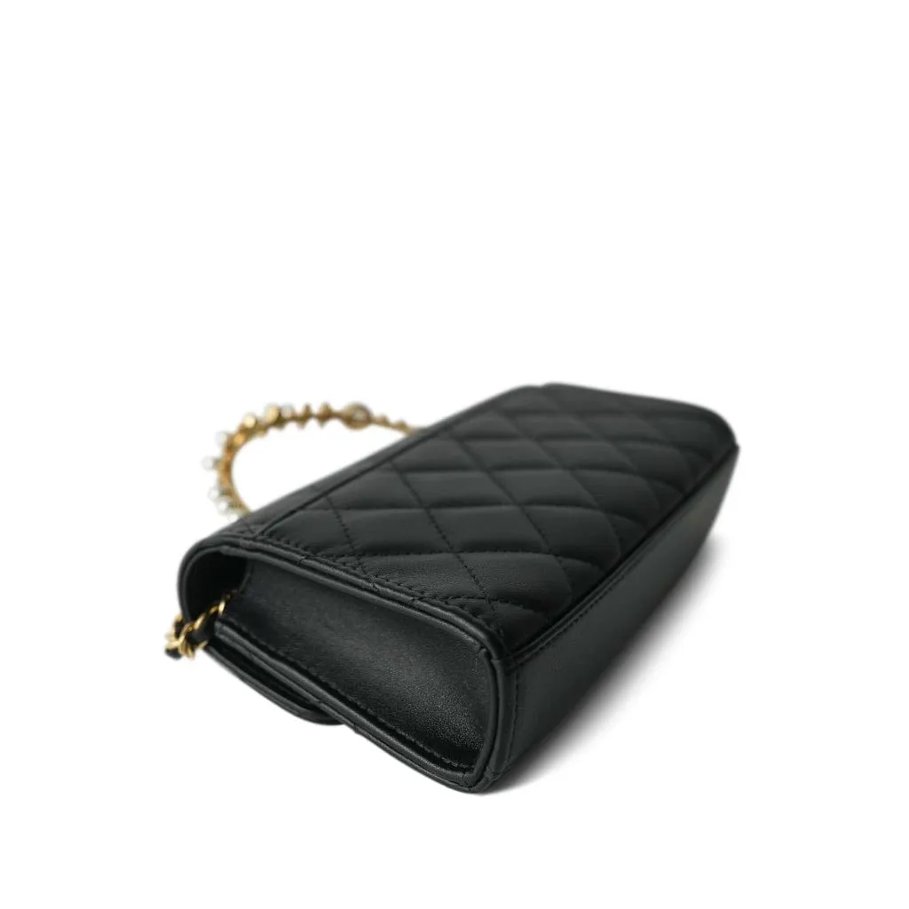 Black Lambskin Quilted Pearl Crystal Top Handle Phone Holder Aged Gold Hardware
