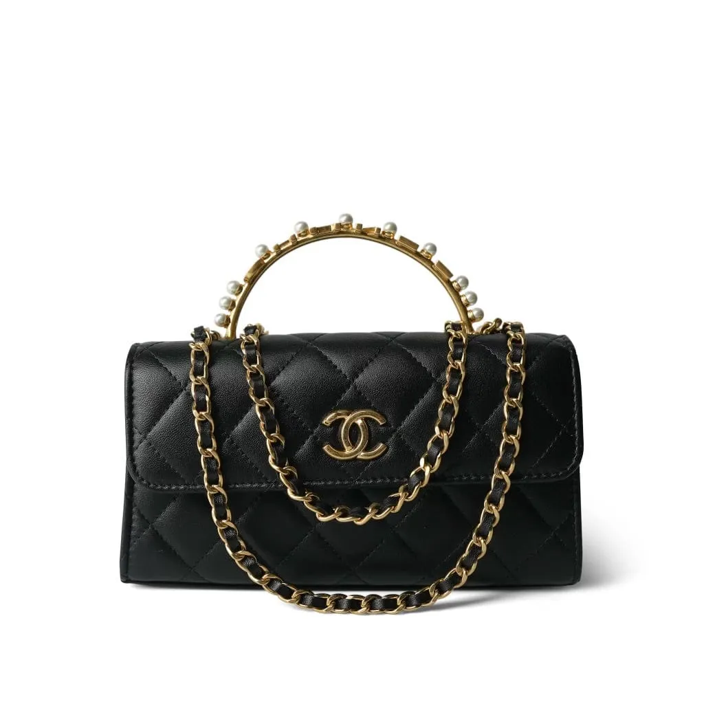 Black Lambskin Quilted Pearl Crystal Top Handle Phone Holder Aged Gold Hardware