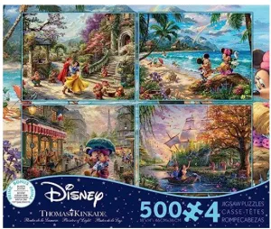 Ceaco - 4 in 1 Multipack - Thomas Kinkade - Disney Dreams Collection - Snow White, Mickey Minnie Mouse, Pocahontas - (4) 500 Piece Jigsaw Puzzles