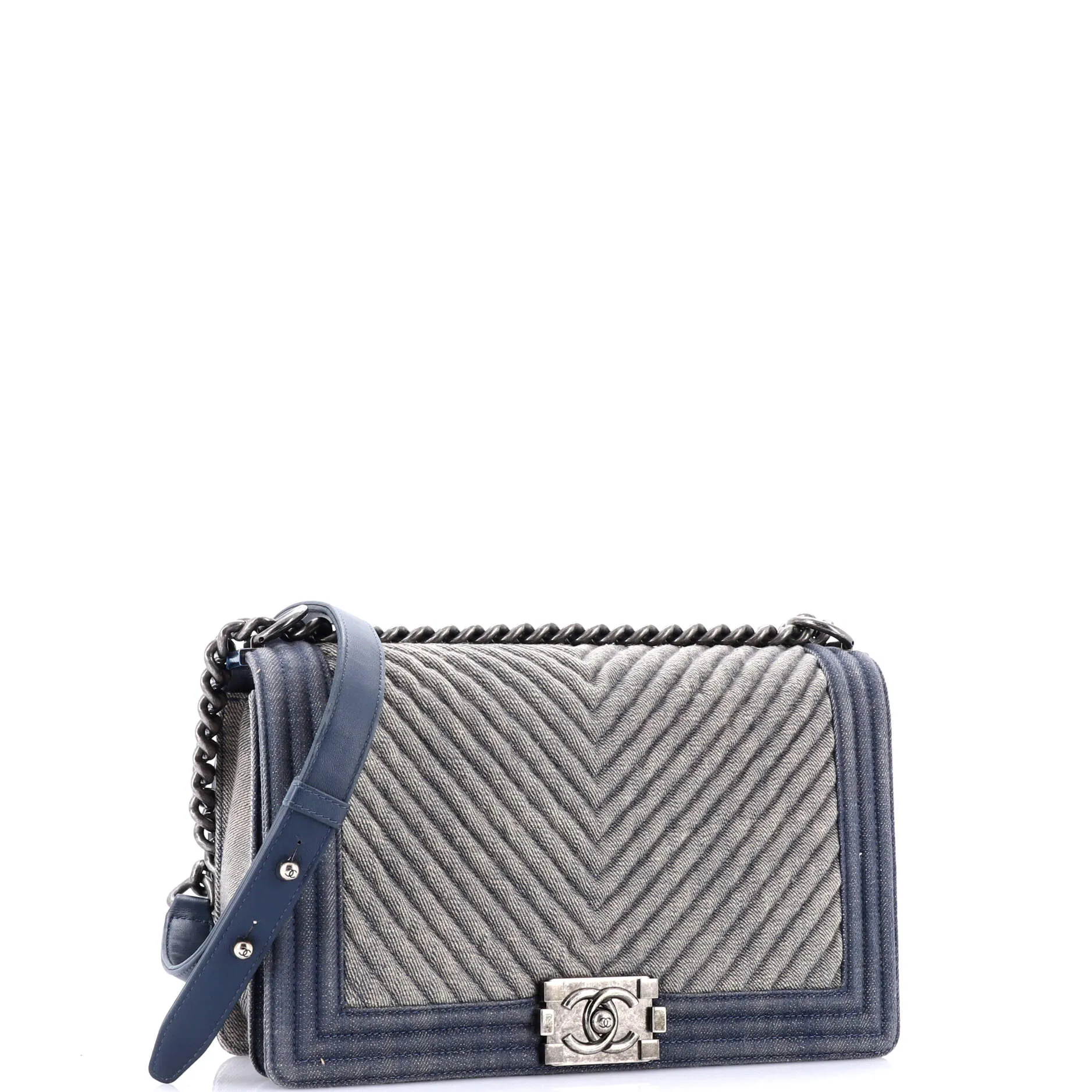 Chanel Boy Flap Bag Chevron Denim New
