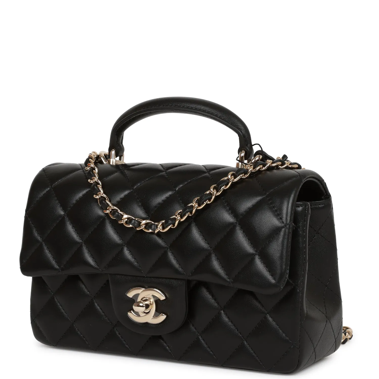 Chanel Mini Rectangular Flap Bag with Top Handle Black Lambskin Light Gold Hardware