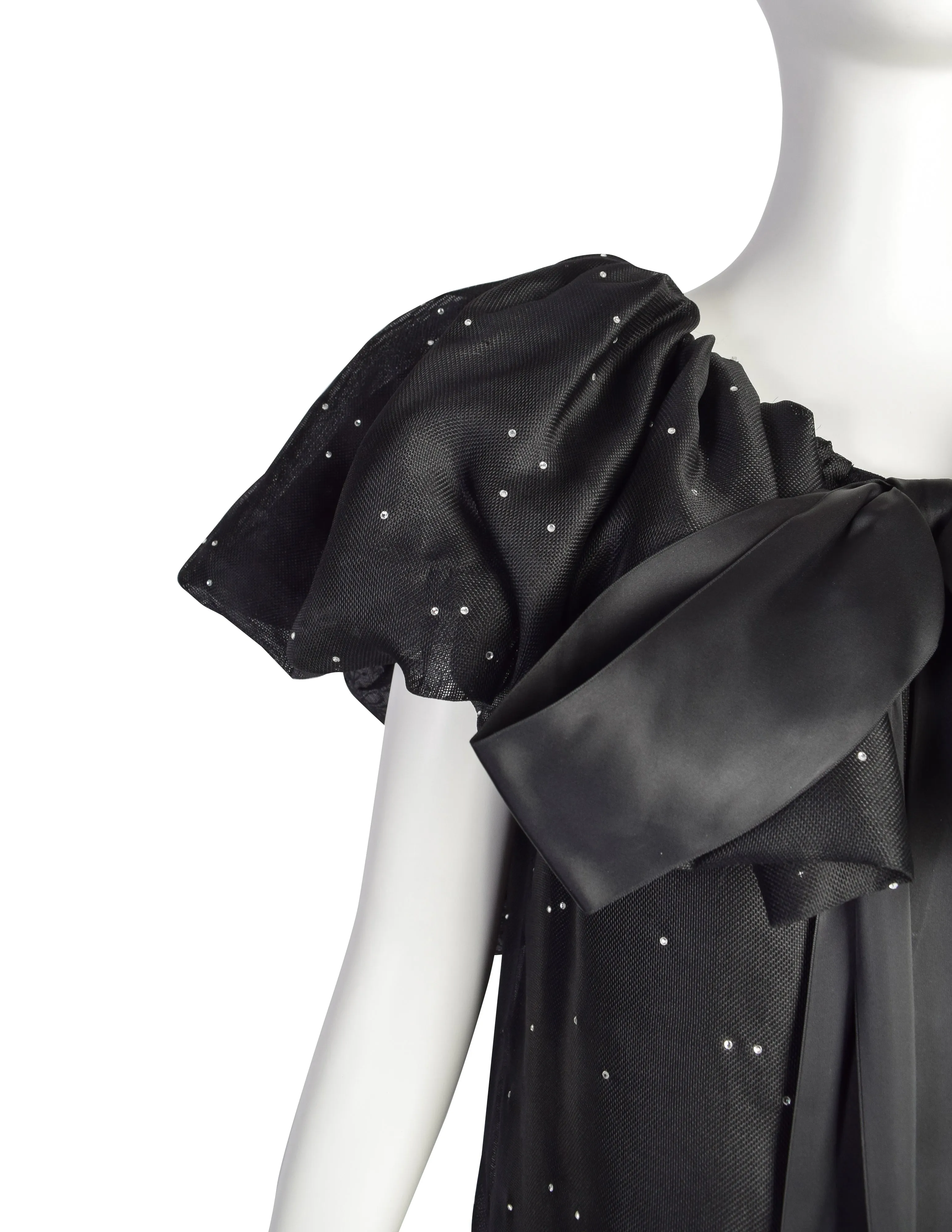 Christian Dior Vintage Black Silk Gazar Rhinestone Embellished Ruffle Collar Evening Gown