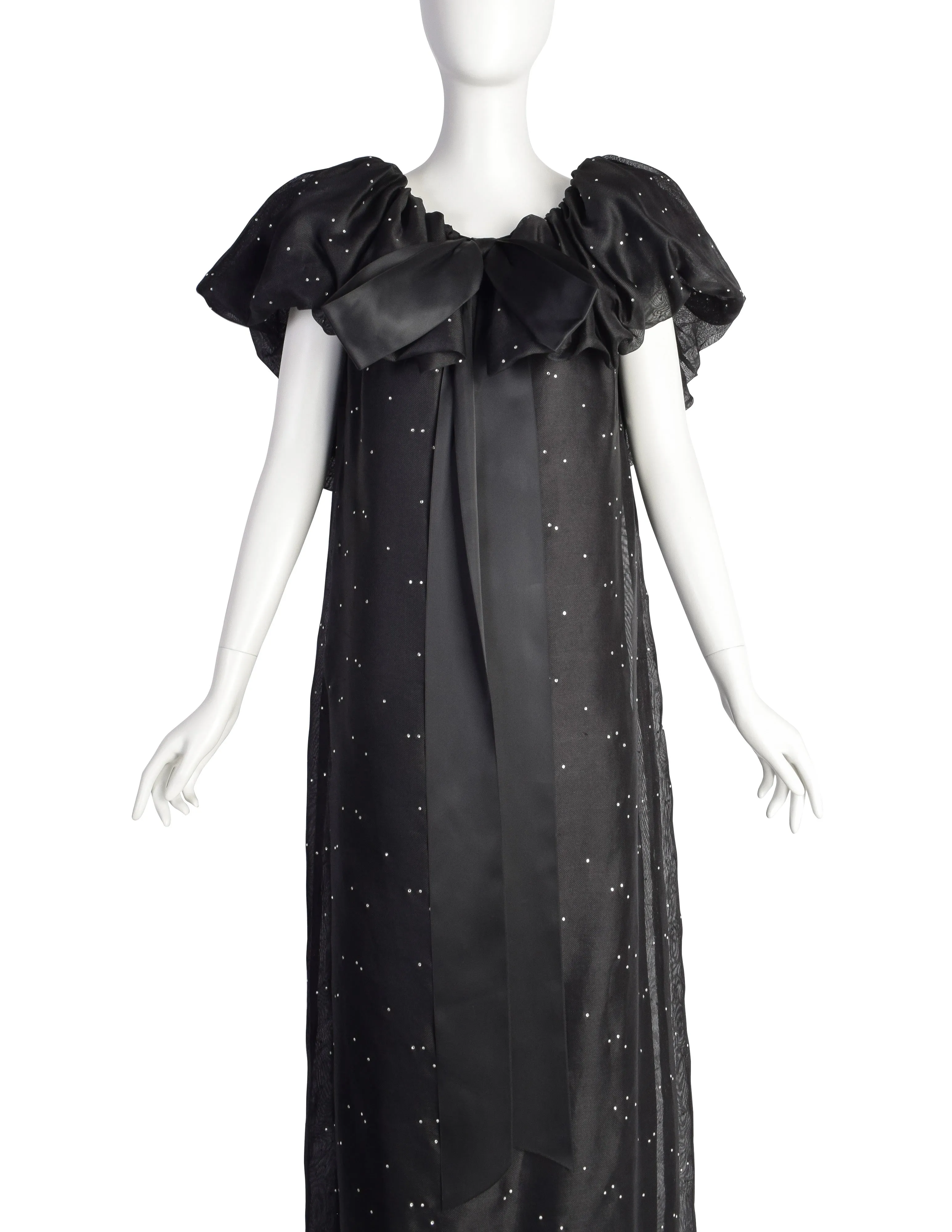 Christian Dior Vintage Black Silk Gazar Rhinestone Embellished Ruffle Collar Evening Gown