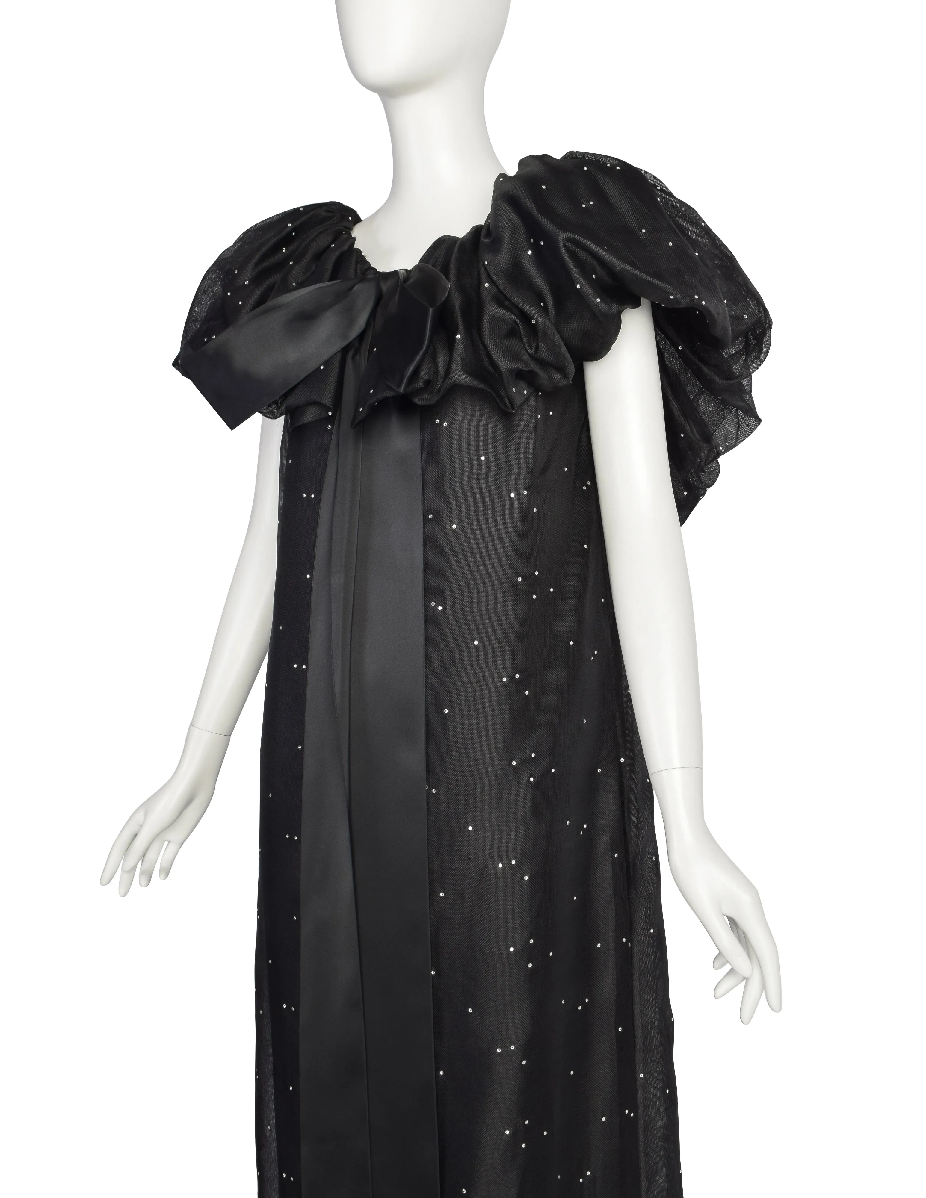 Christian Dior Vintage Black Silk Gazar Rhinestone Embellished Ruffle Collar Evening Gown