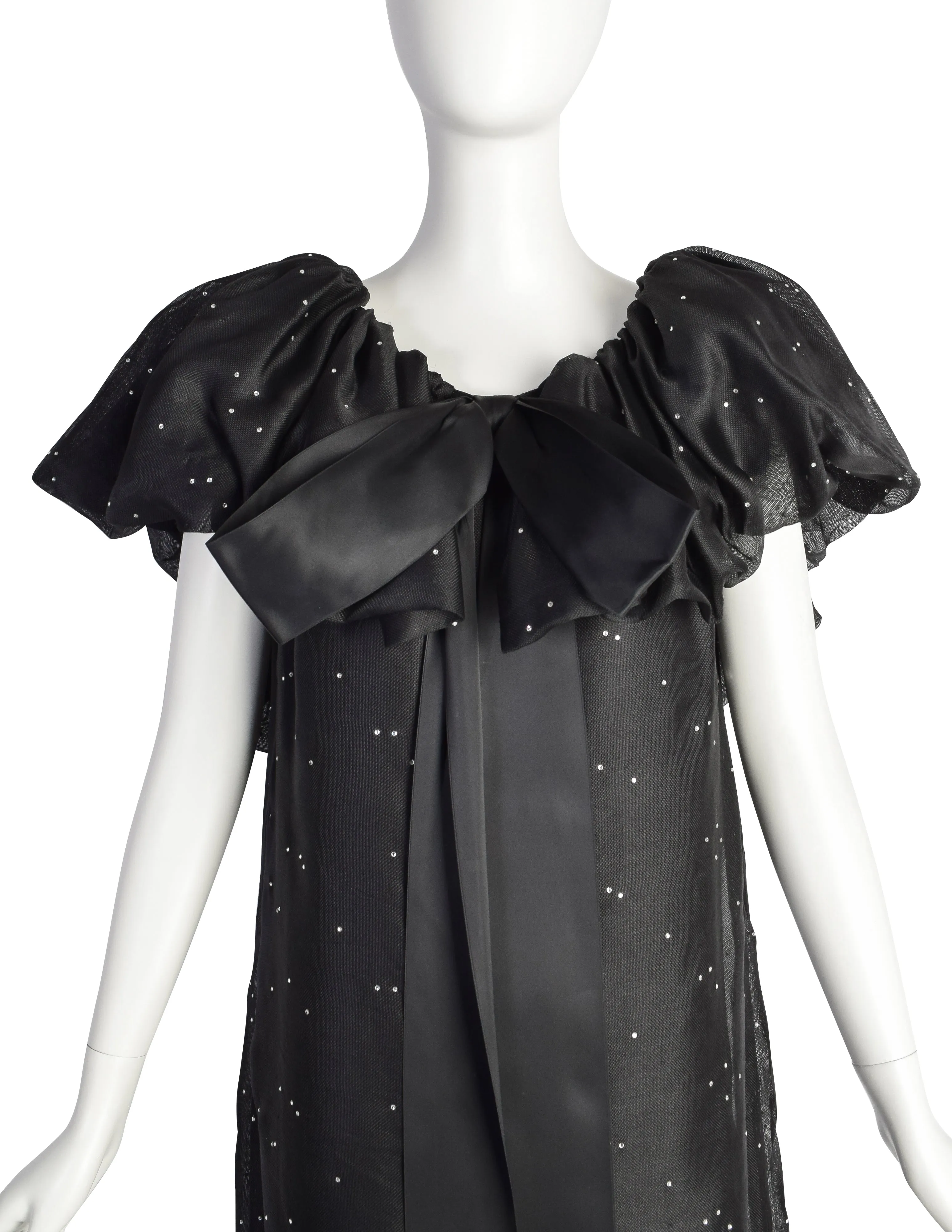 Christian Dior Vintage Black Silk Gazar Rhinestone Embellished Ruffle Collar Evening Gown