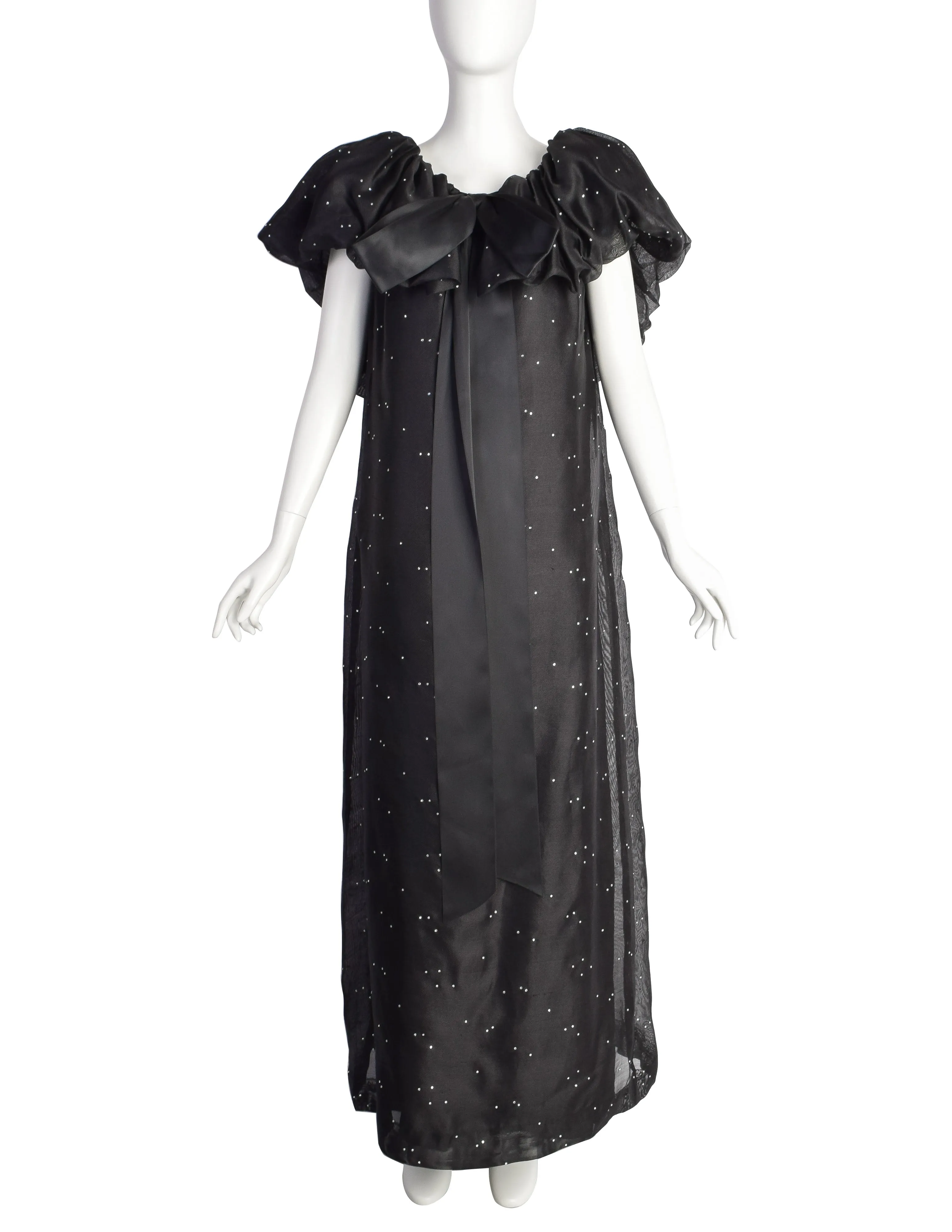 Christian Dior Vintage Black Silk Gazar Rhinestone Embellished Ruffle Collar Evening Gown