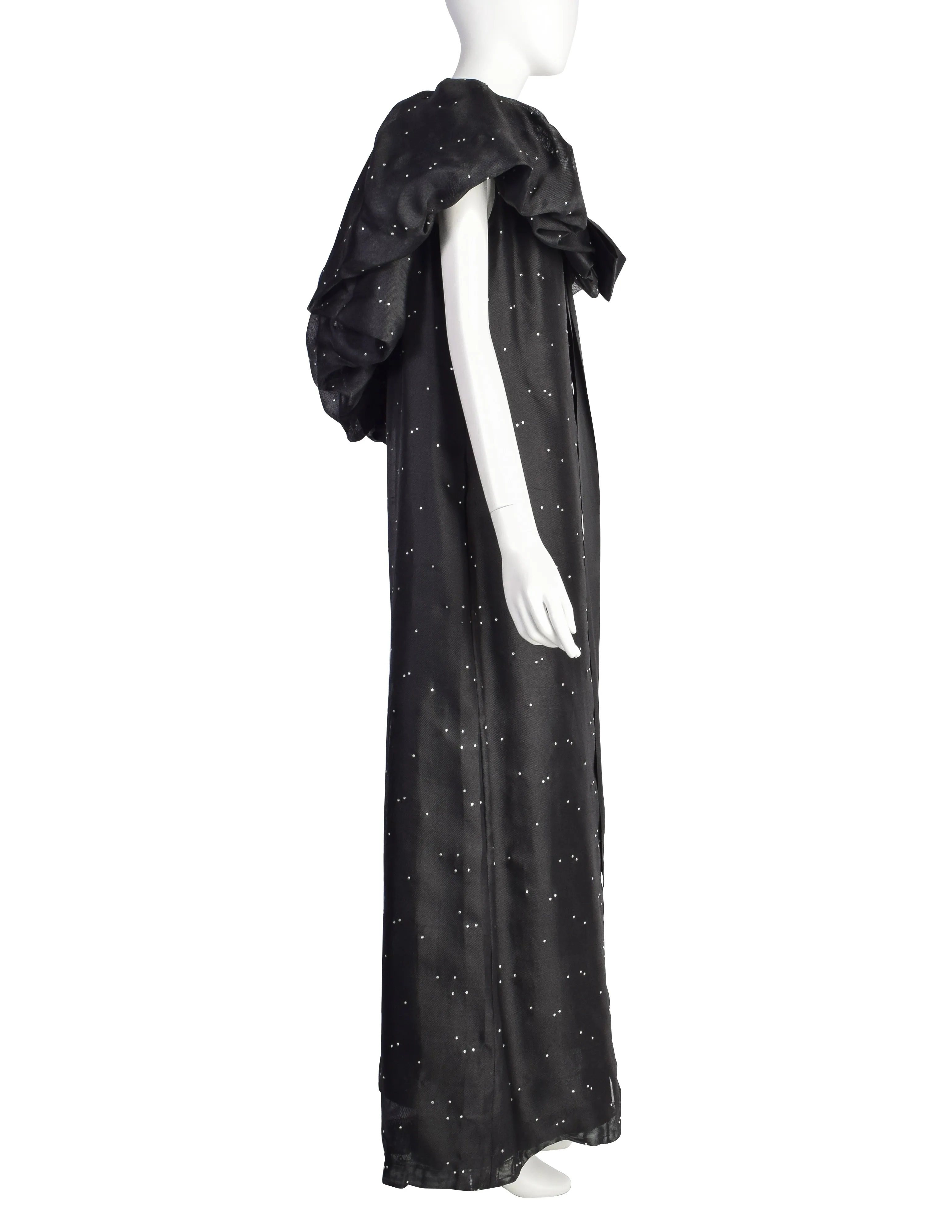 Christian Dior Vintage Black Silk Gazar Rhinestone Embellished Ruffle Collar Evening Gown