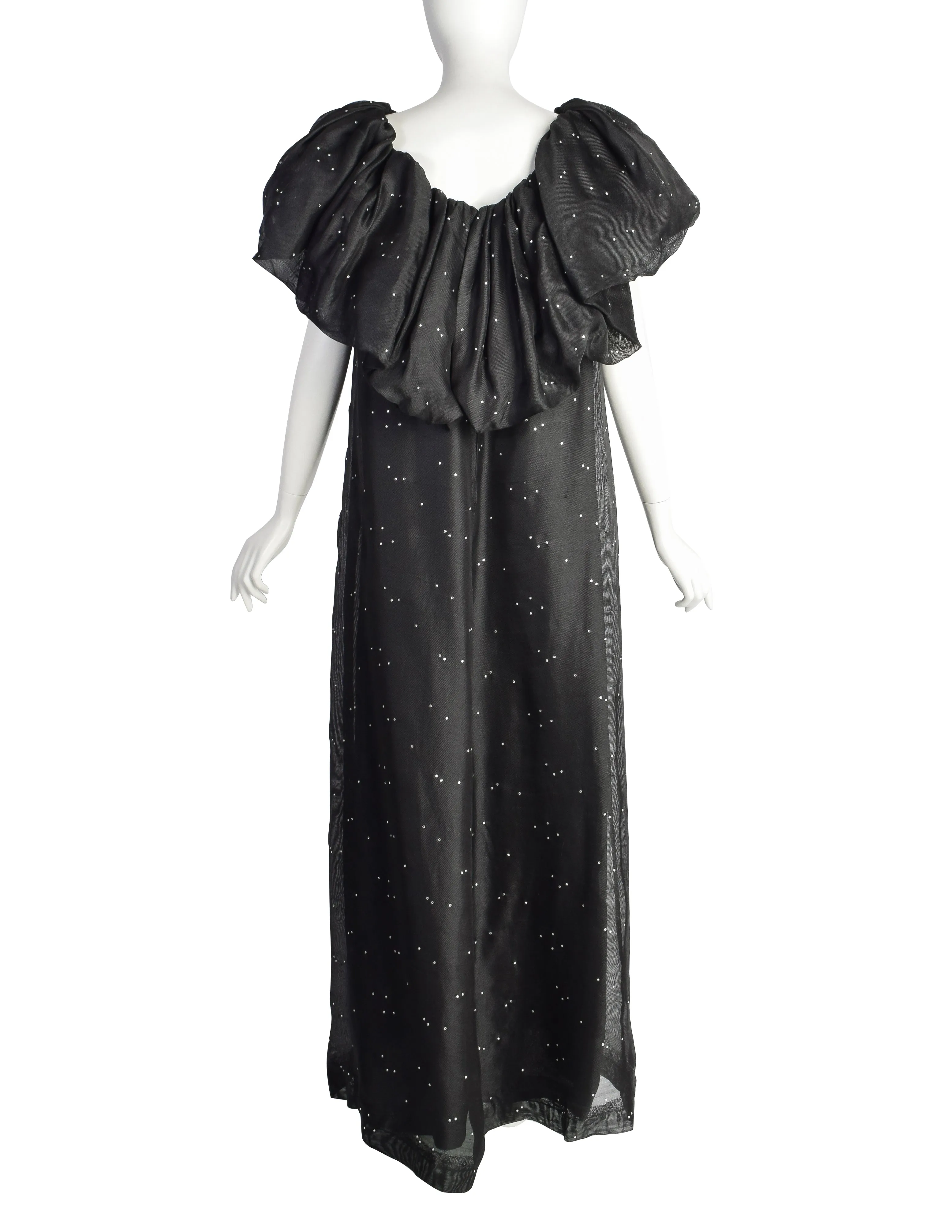 Christian Dior Vintage Black Silk Gazar Rhinestone Embellished Ruffle Collar Evening Gown