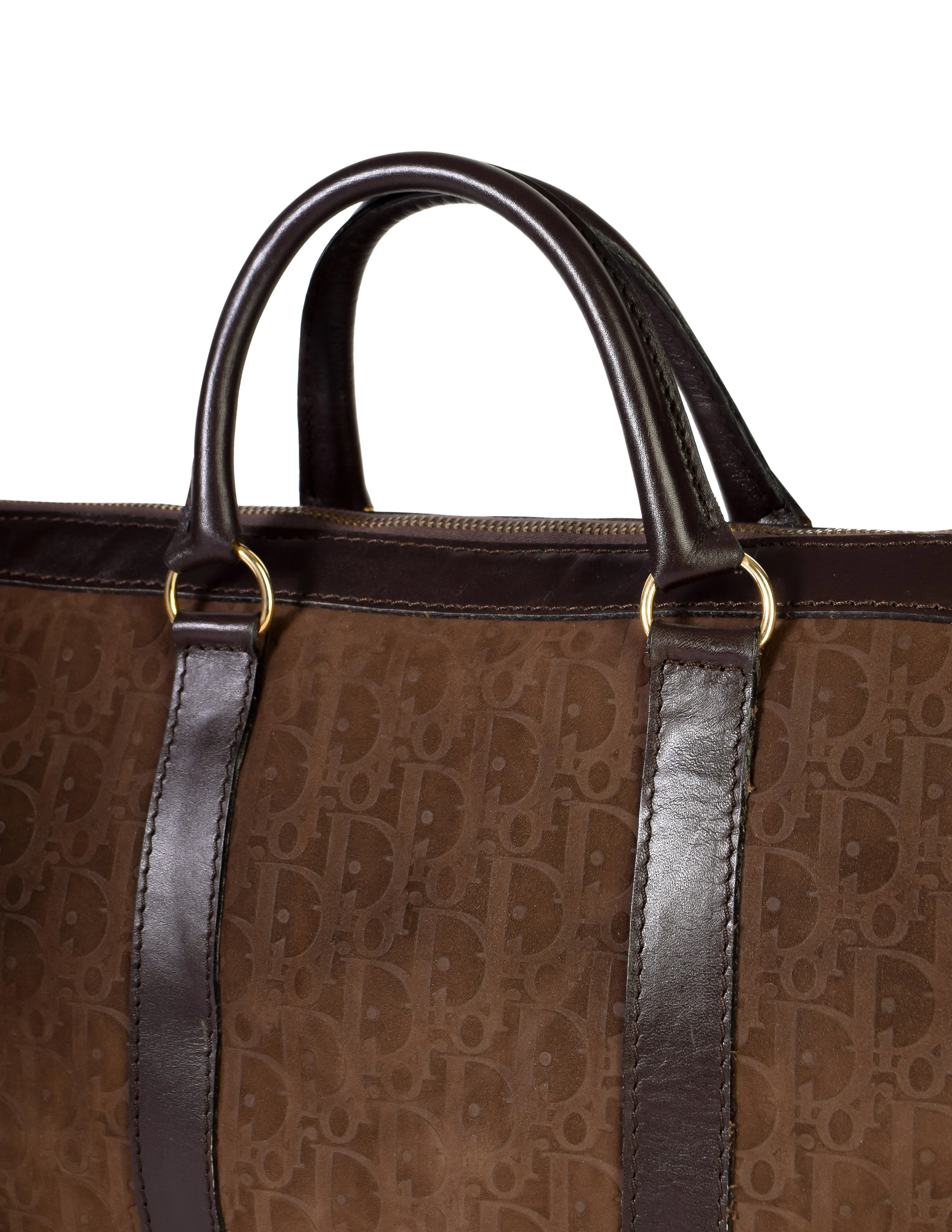 Christian Dior Vintage Brown Trotter Logo Monogram Suede and Leather Large Top Handle Carry All Bag