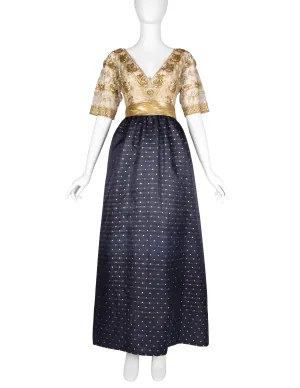 Givenchy Haute Couture Vintage 1970s Gold Embellished Bodice and Blue Silk Faille Evening Gown