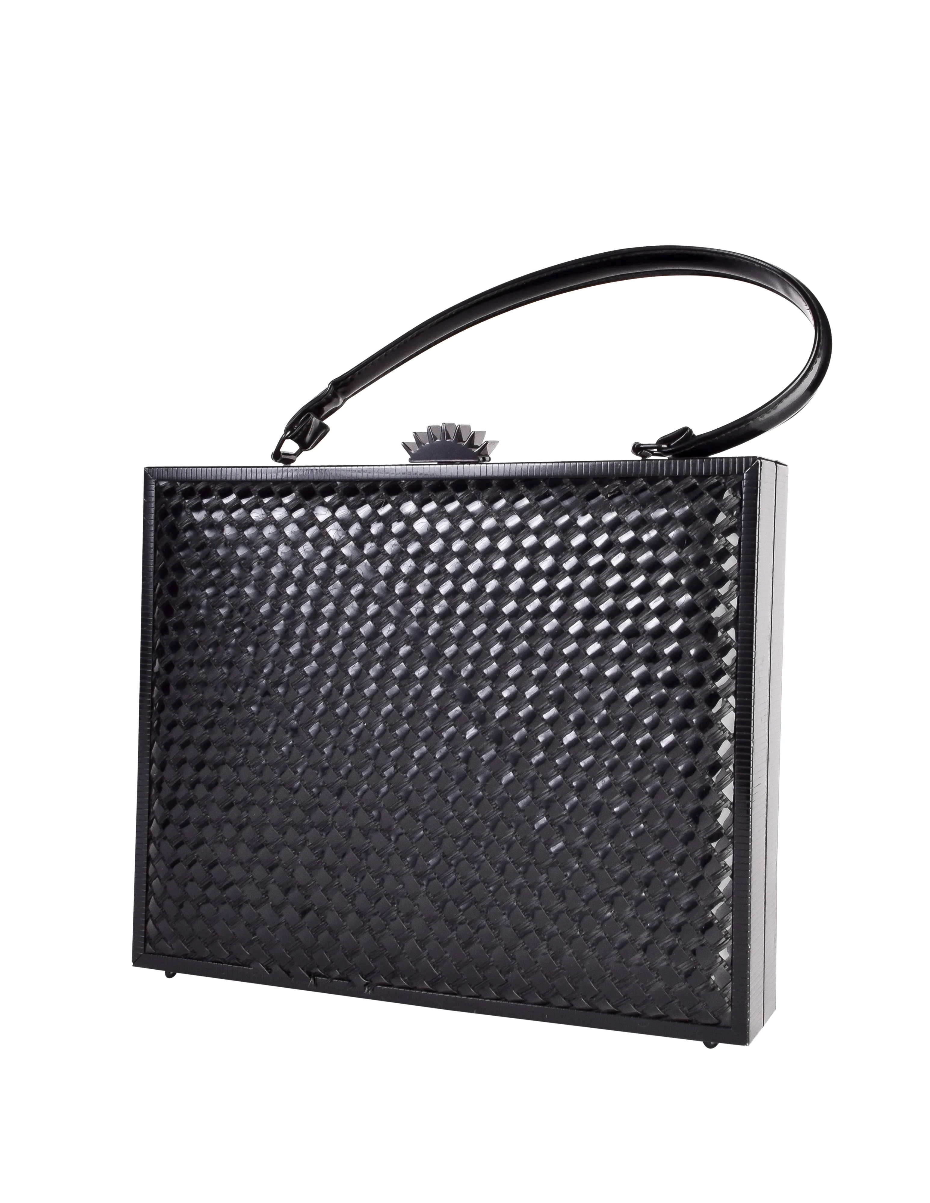 Lesco Lona Vintage 1960s Incredible Black Woven Patent Straw Metal Top Handle Bag
