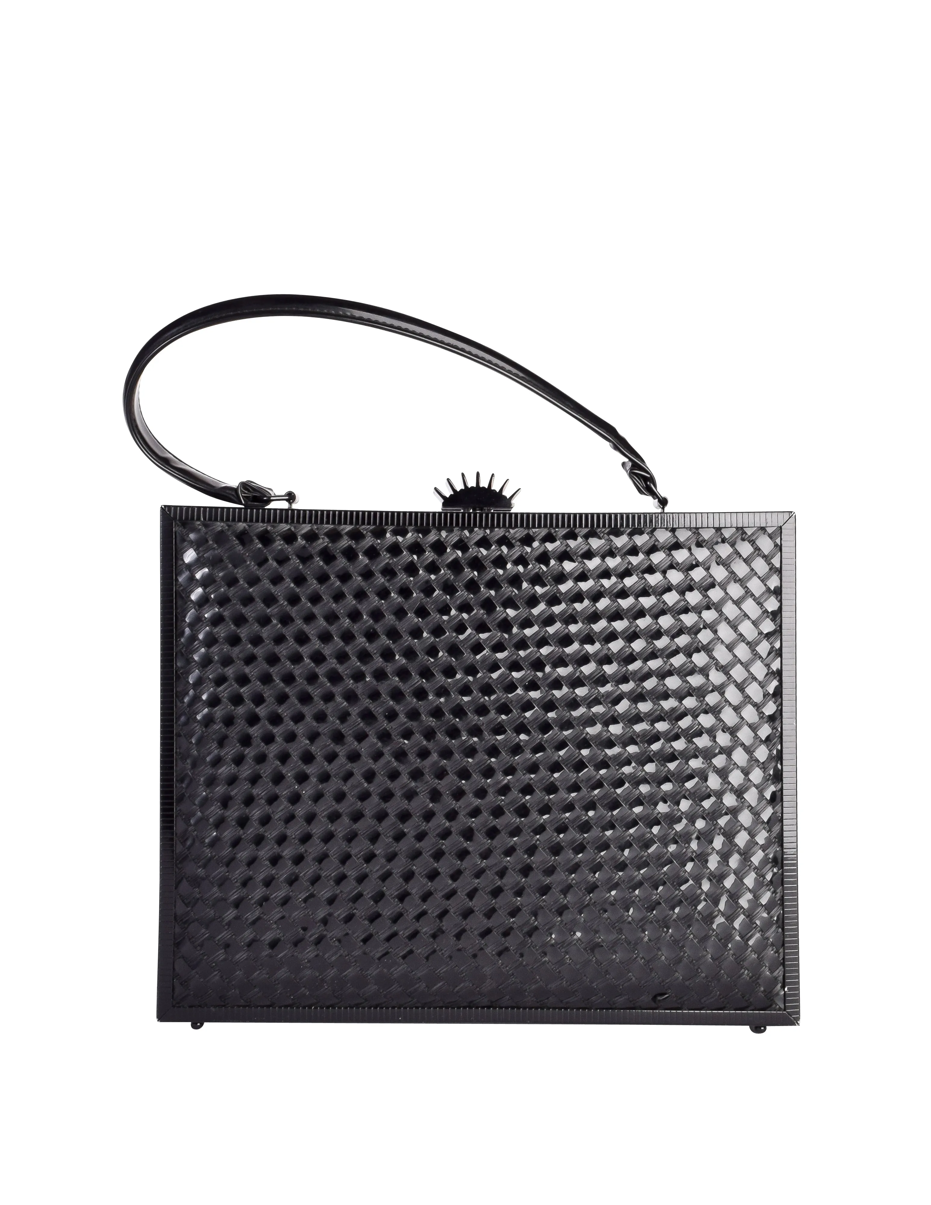 Lesco Lona Vintage 1960s Incredible Black Woven Patent Straw Metal Top Handle Bag