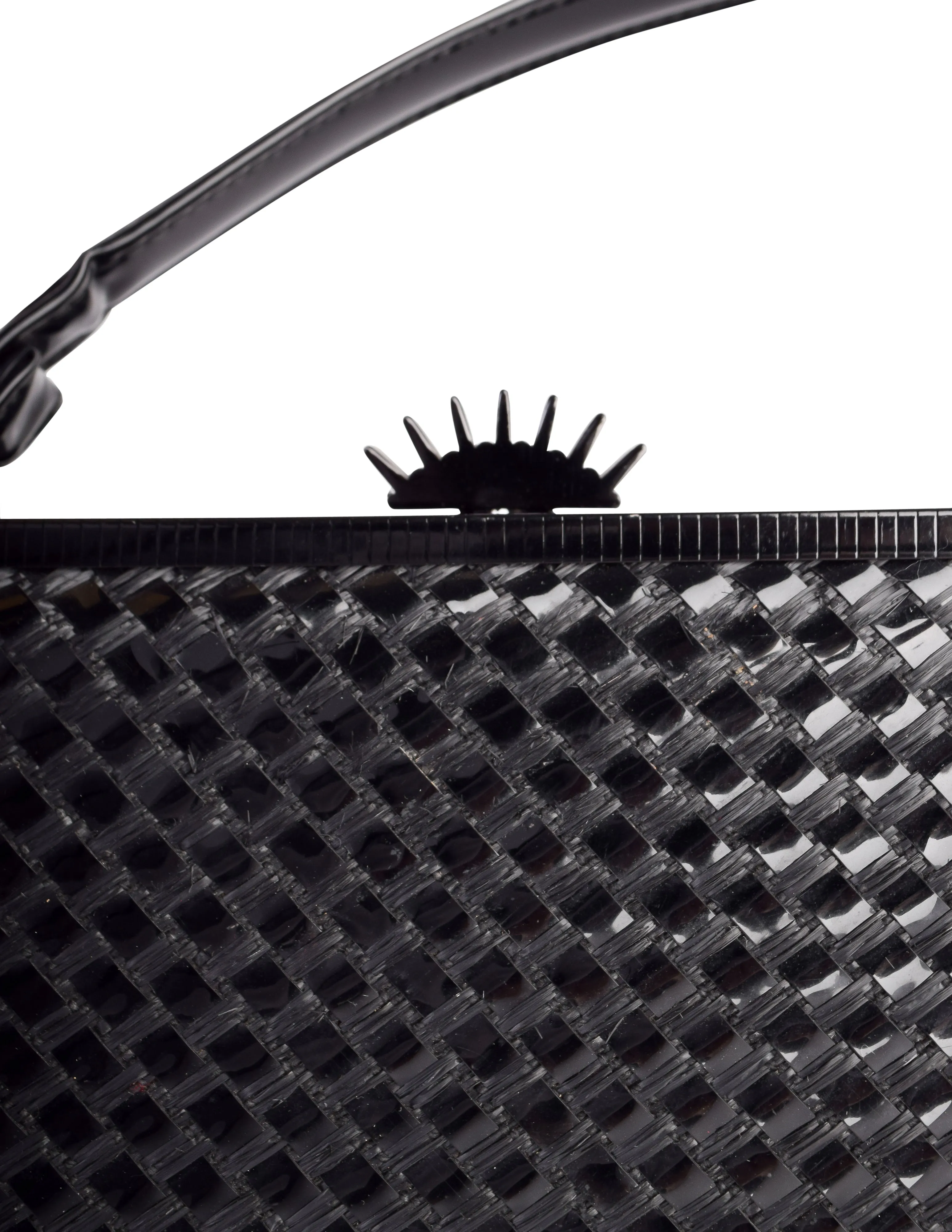 Lesco Lona Vintage 1960s Incredible Black Woven Patent Straw Metal Top Handle Bag