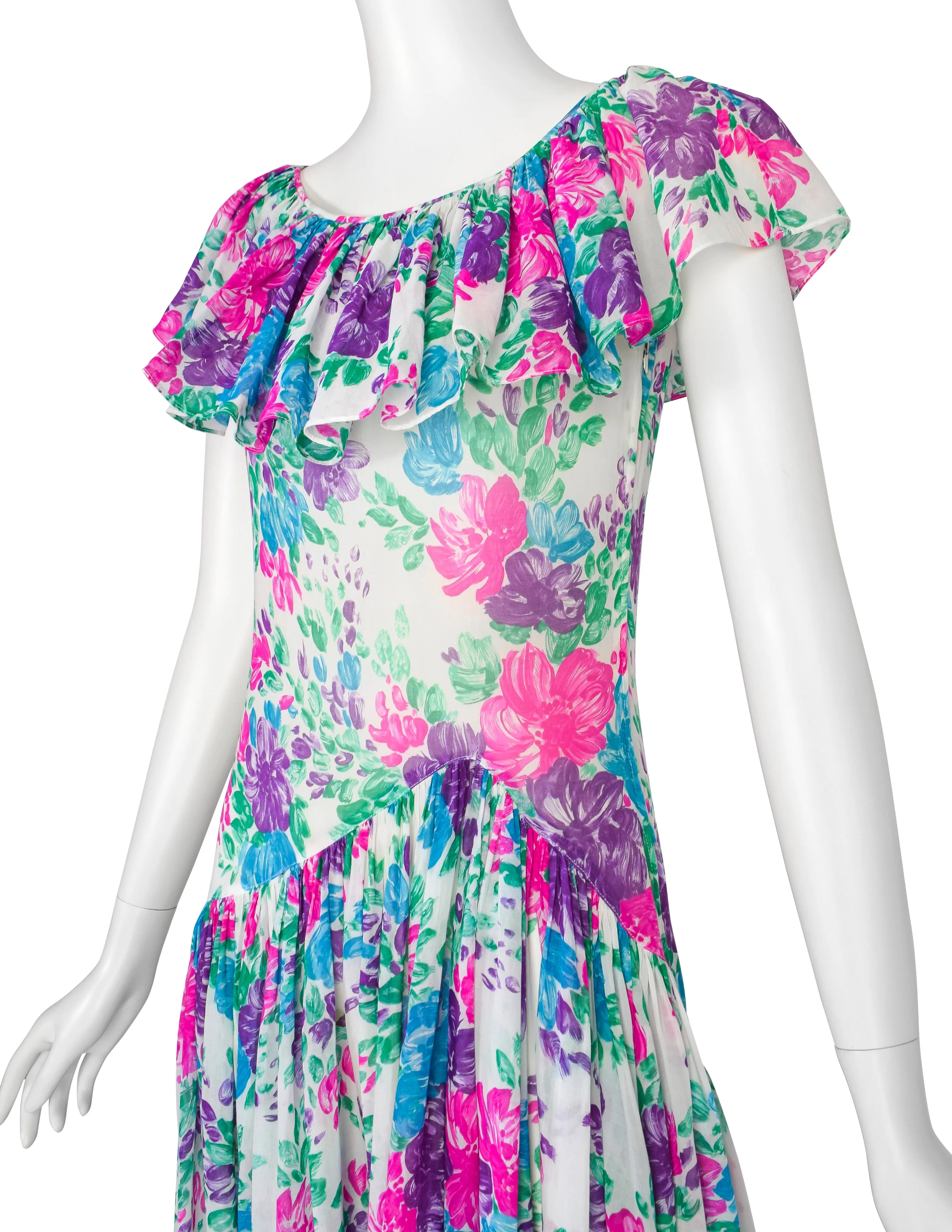 Yves Saint Laurent Vintage 1970s White Pink Purple Blue Vivid Floral Cotton Ruffle Dress