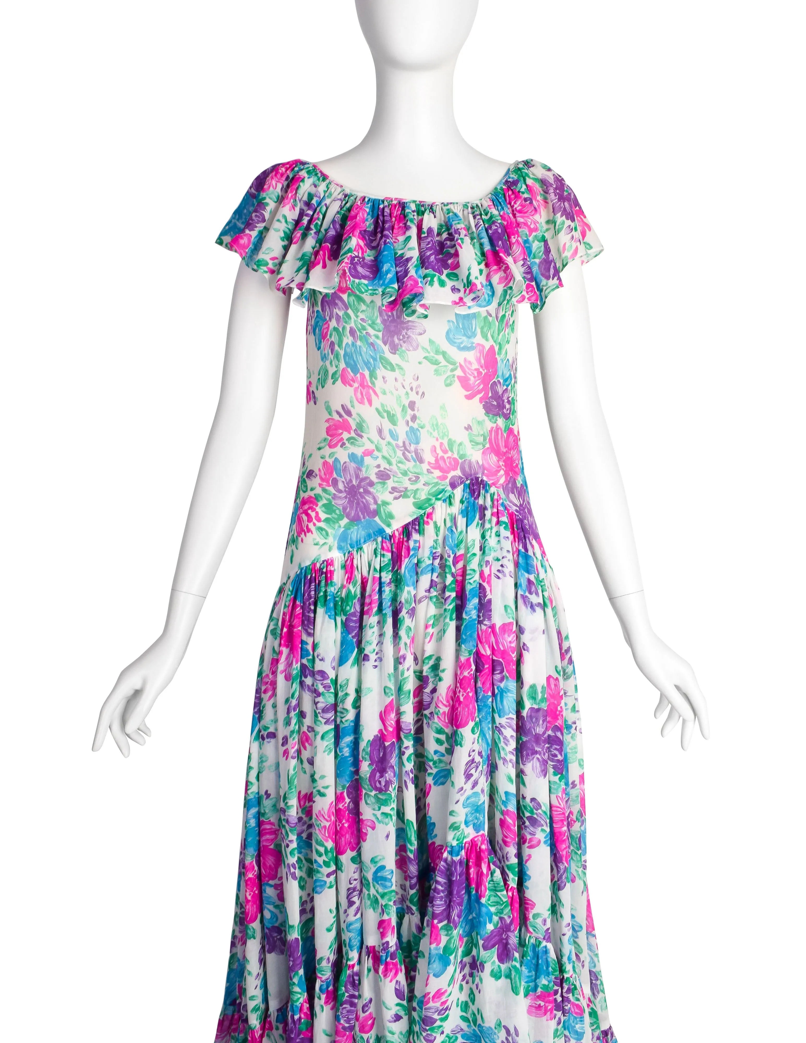 Yves Saint Laurent Vintage 1970s White Pink Purple Blue Vivid Floral Cotton Ruffle Dress