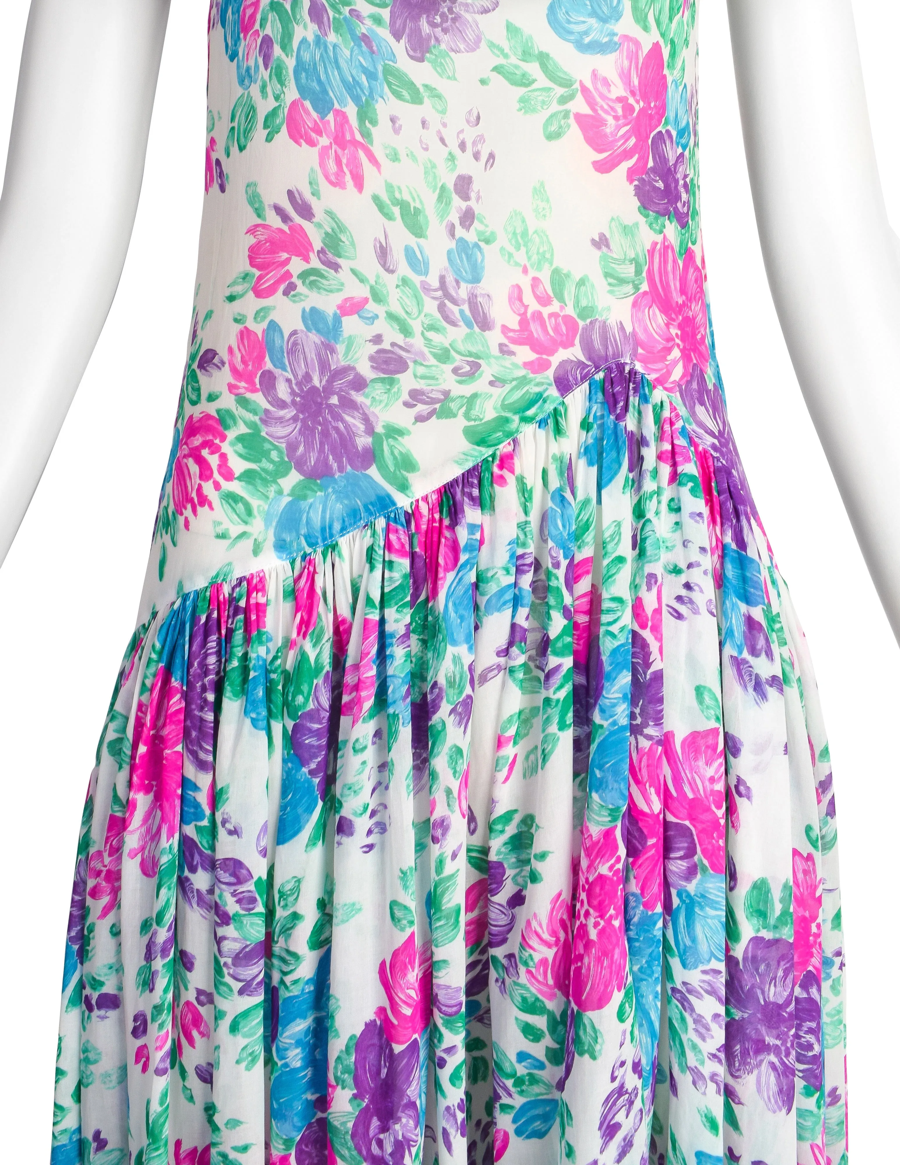 Yves Saint Laurent Vintage 1970s White Pink Purple Blue Vivid Floral Cotton Ruffle Dress