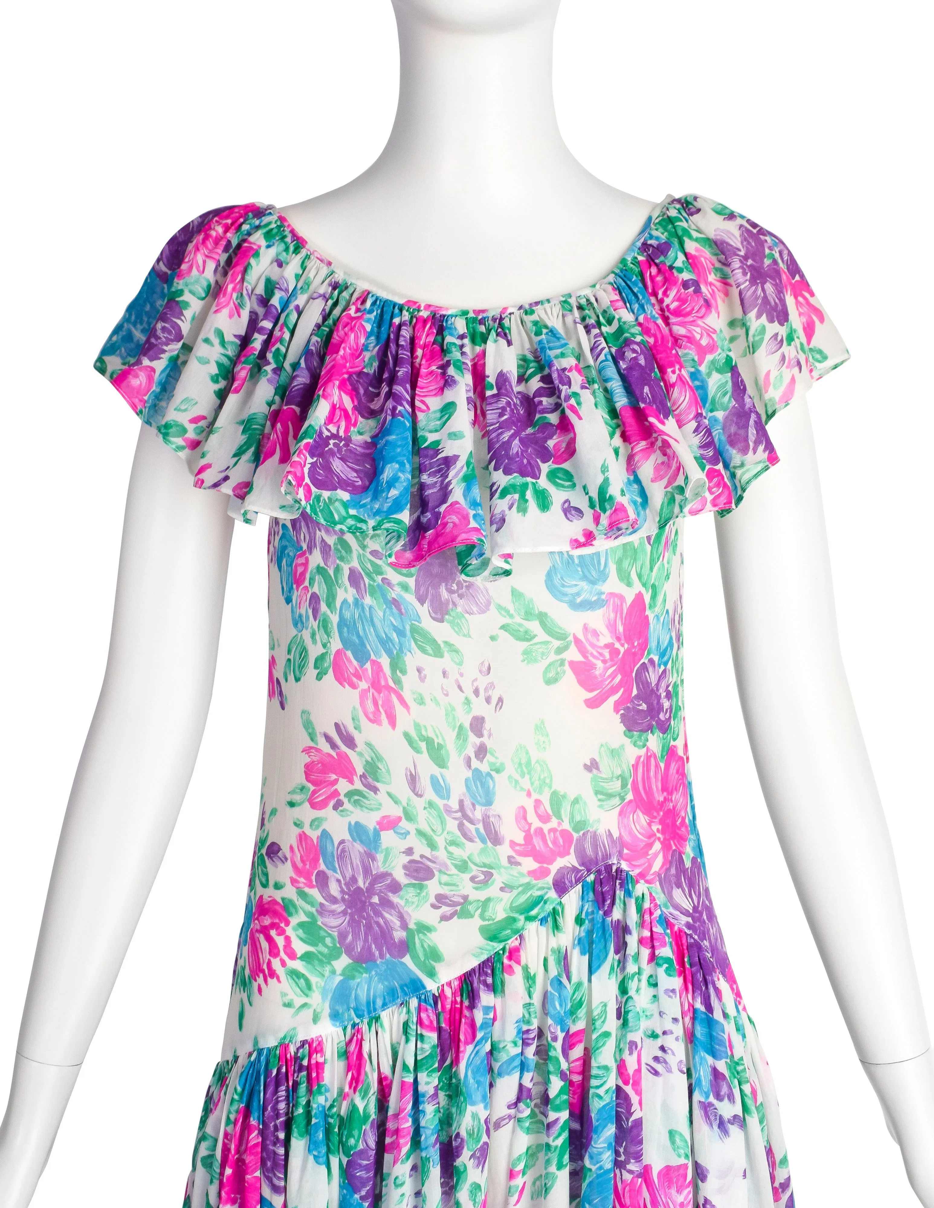 Yves Saint Laurent Vintage 1970s White Pink Purple Blue Vivid Floral Cotton Ruffle Dress
