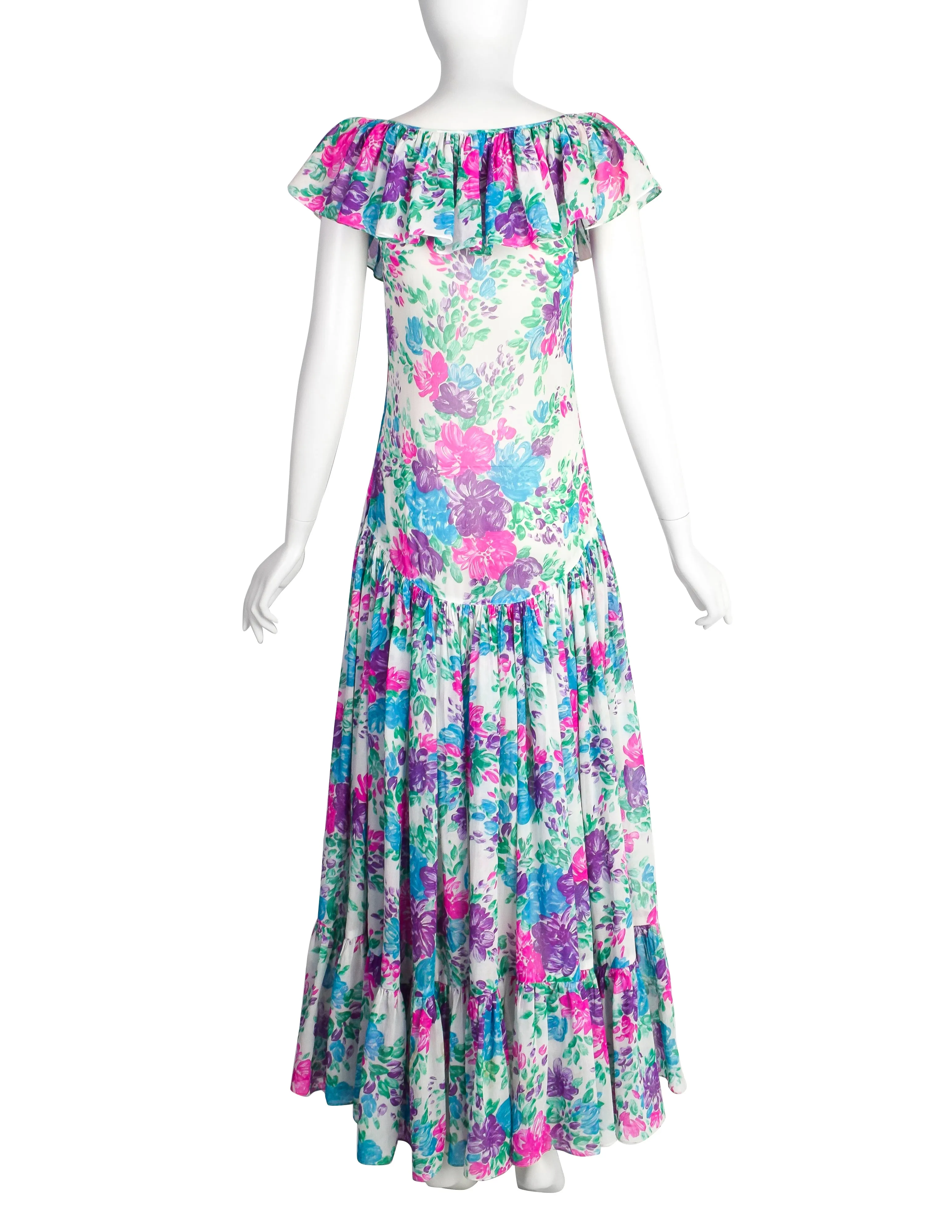 Yves Saint Laurent Vintage 1970s White Pink Purple Blue Vivid Floral Cotton Ruffle Dress
