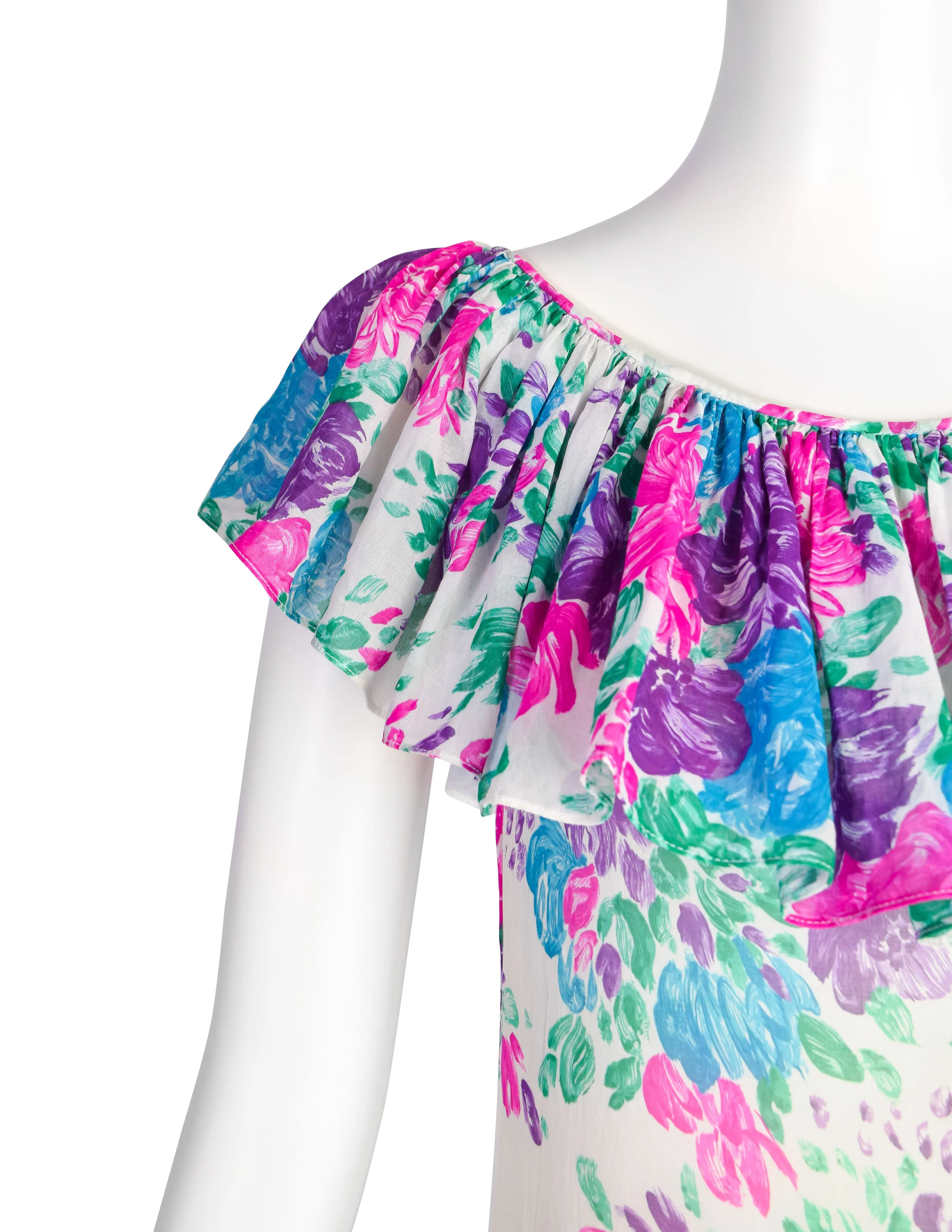 Yves Saint Laurent Vintage 1970s White Pink Purple Blue Vivid Floral Cotton Ruffle Dress