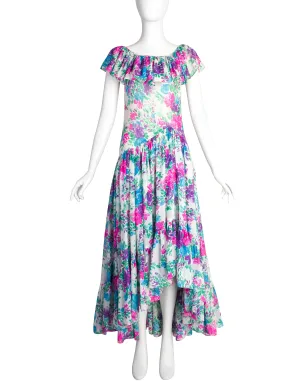 Yves Saint Laurent Vintage 1970s White Pink Purple Blue Vivid Floral Cotton Ruffle Dress