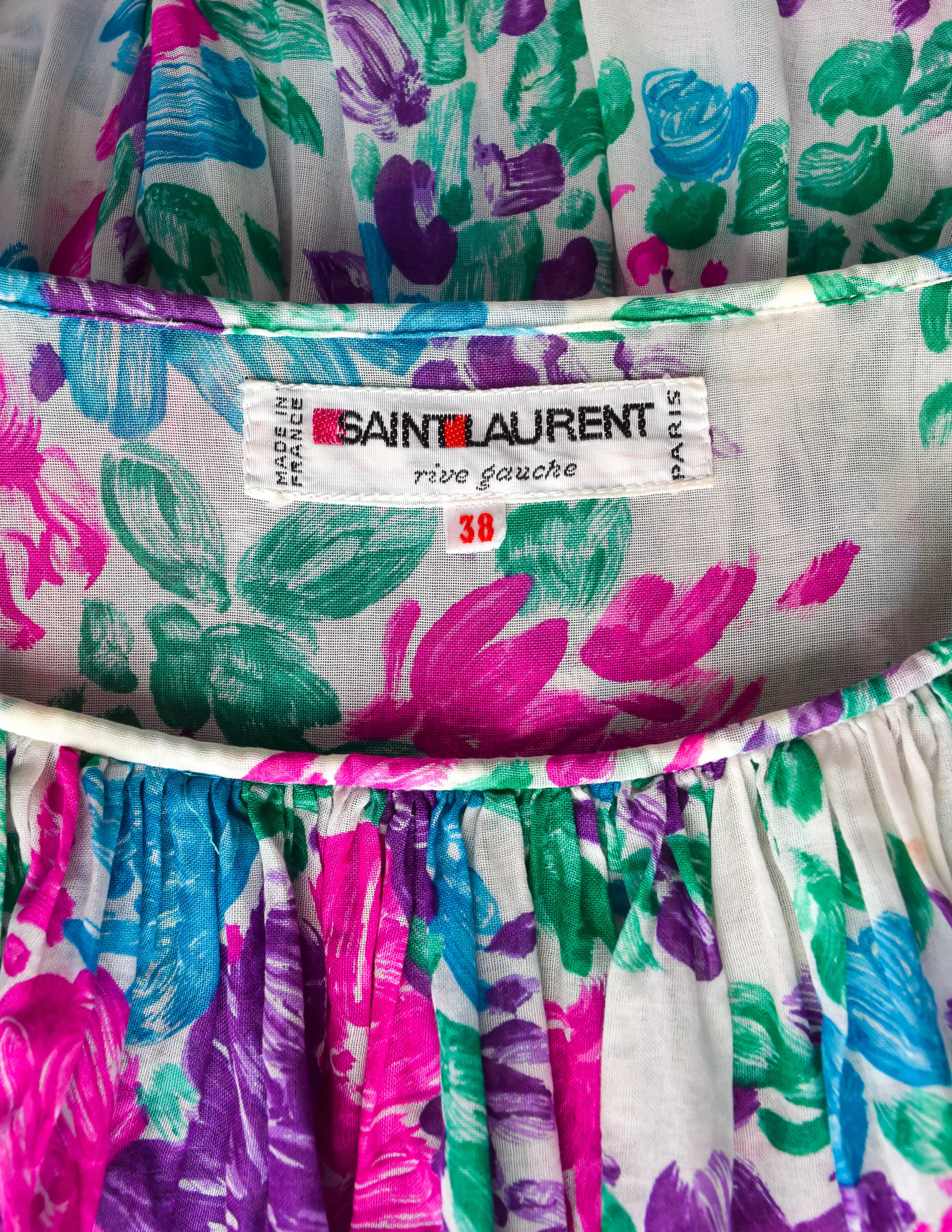 Yves Saint Laurent Vintage 1970s White Pink Purple Blue Vivid Floral Cotton Ruffle Dress